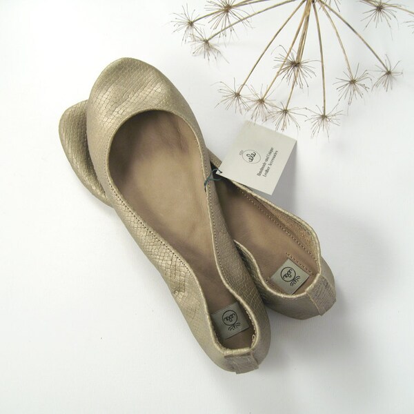 Dull Gold Snake Print Leather Handmade Ballerinas