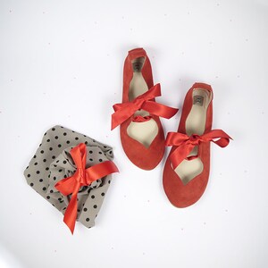 Red Ballet Shoes With Satin Ribbon, Mary Jane Low Heel Shoes, elehandmade image 3