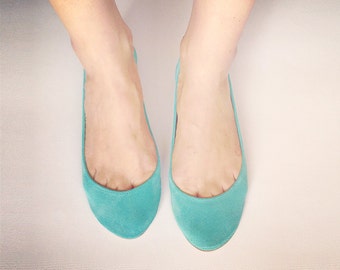 Ballet Flats Shoes in Robin Egg Soft Italian Leather, Comfortable Low Heel Shoes, Elehandmade Ballerinas