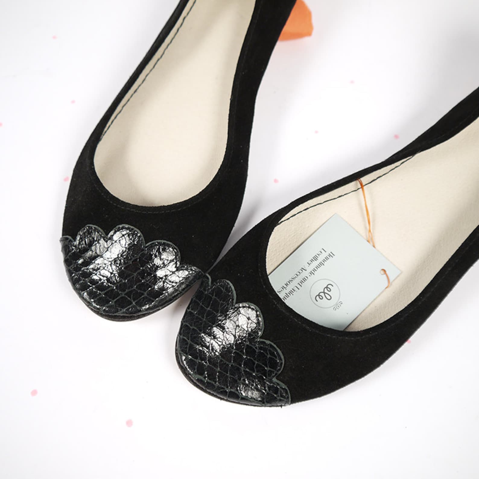 ballet flats shoes. black leather flats shoes. black handmade shoes. women flat shoes. snake scalloped toe ballerinas. comfortab