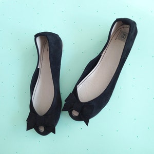 Black Ballet Flats Shoes in Soft Italian Leather, Peep Toe Shoes With ...