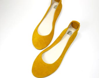 Ballet Flats Shoes in Yellow Soft Italian Leather, elehandmade shoes