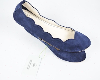 Navy Blue Suede Ballet Flats, Scalloped Leather Ballerinas, Elehandmade Shoes