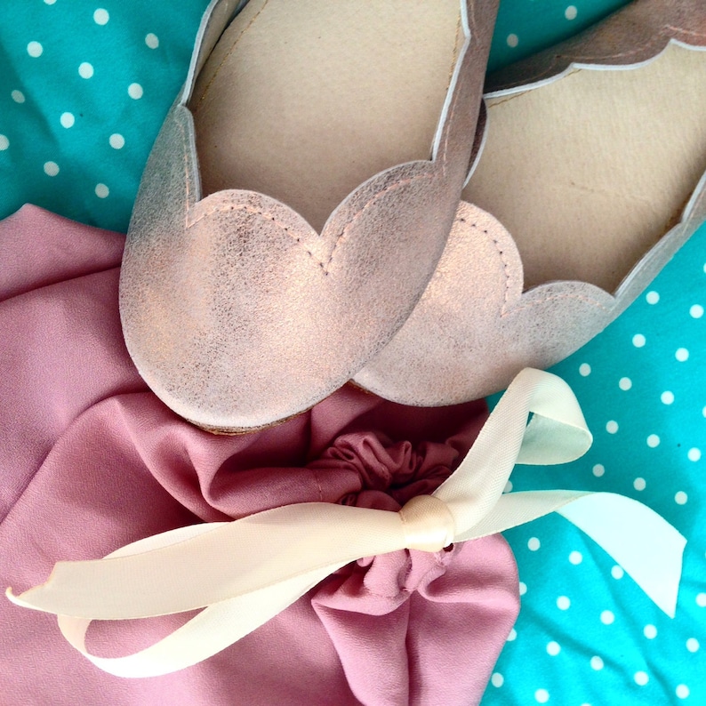 Scalloped Ballet Flats Shoes Handmade Rose Gold Metalic Sparkly Slip on Ballerinas Shoes