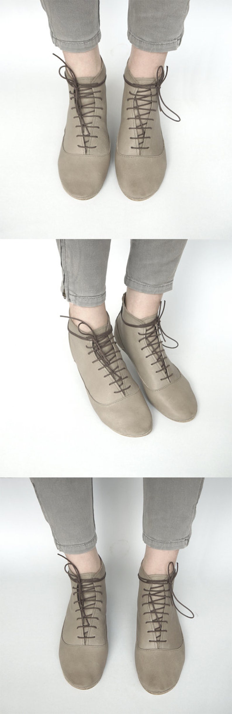 Women Ankle Low Heel Boots in Light Taupe Italian Soft Leather, Lace up Booties, Elehandmade Shoes image 2