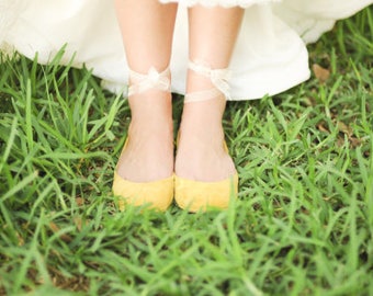 Leather Ballet Flats in Yellow, Comfortable Low Heel Bridal Shoes, elehandmade shoes