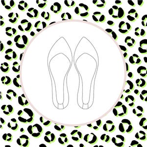 May include: Line drawing of a pair of pointed-toe flats inside a white circle with a pink border. The background features a white leopard print with black and neon green spots. The shoes are black.