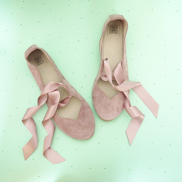 Ballet Flats Mary Jane Shoes With Satin Ribbon in Rose Smoke Soft Italian Leather, Bridal Shoes, Elehandmade Ballerinas