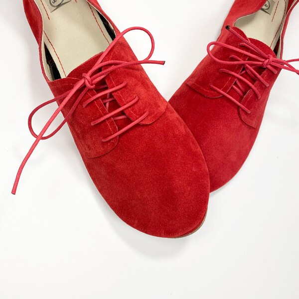 Oxfords Shoes in Red Leather, Handmade Soft Laced up Flats Shoes
