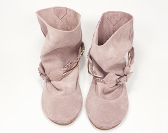Ankle Boho Boots in Soft Rose Quartz Leather, Soft Pink Floppy Booties, Elehandmade Shoes