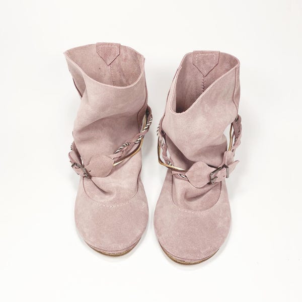 Ankle Boho Boots in Soft Rose Quartz Leather, Soft Pink Floppy Booties, Elehandmade Shoes