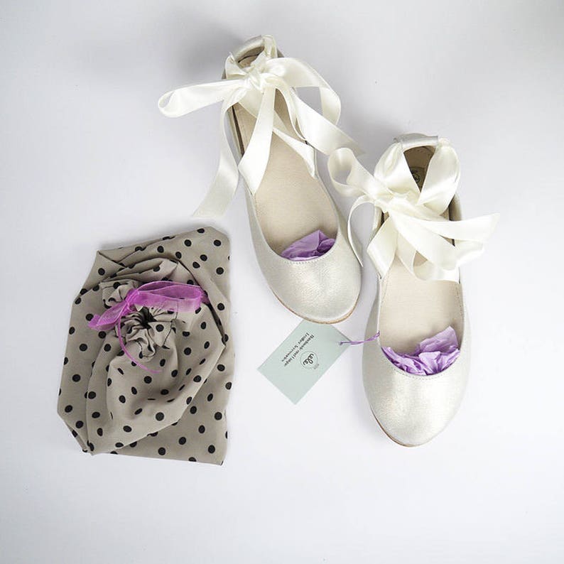 Wedding Shoes For Bride in White Gold Ivory Italian Leather, Ballet Flats with Ribbons, Elehandmade Shoes image 2
