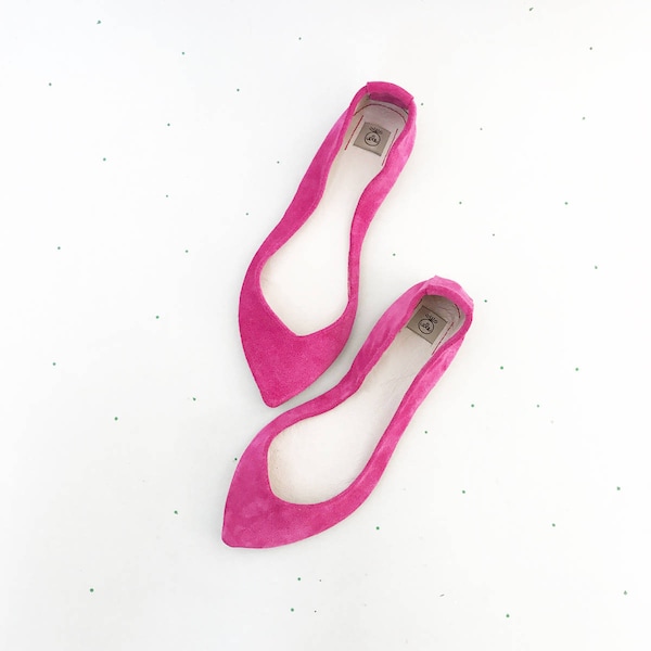 Pointy Toe Ballet Flats in Magenta Fuchsia Italian Leather, Elehandmade Shoes