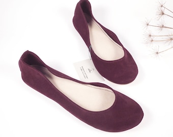 Ballet Flat Shoes in Soft Italian Oxblood Leather, Handmade Burgundy Elehandmade Ballerinas