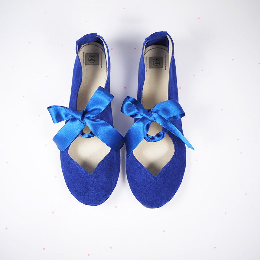 Ballet Flats With Satin Ribbon in Royal Blue Soft Italian Leather