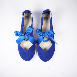 Ballet Flats With Satin Ribbon in Royal Blue Soft Italian Leather, Bridal Shoes