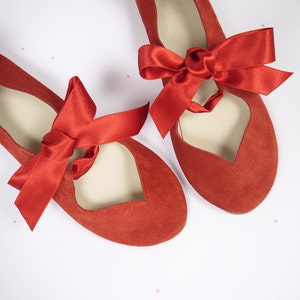 Red Ballet Shoes With Satin Ribbon, Mary Jane Low Heel Shoes, elehandmade image 2