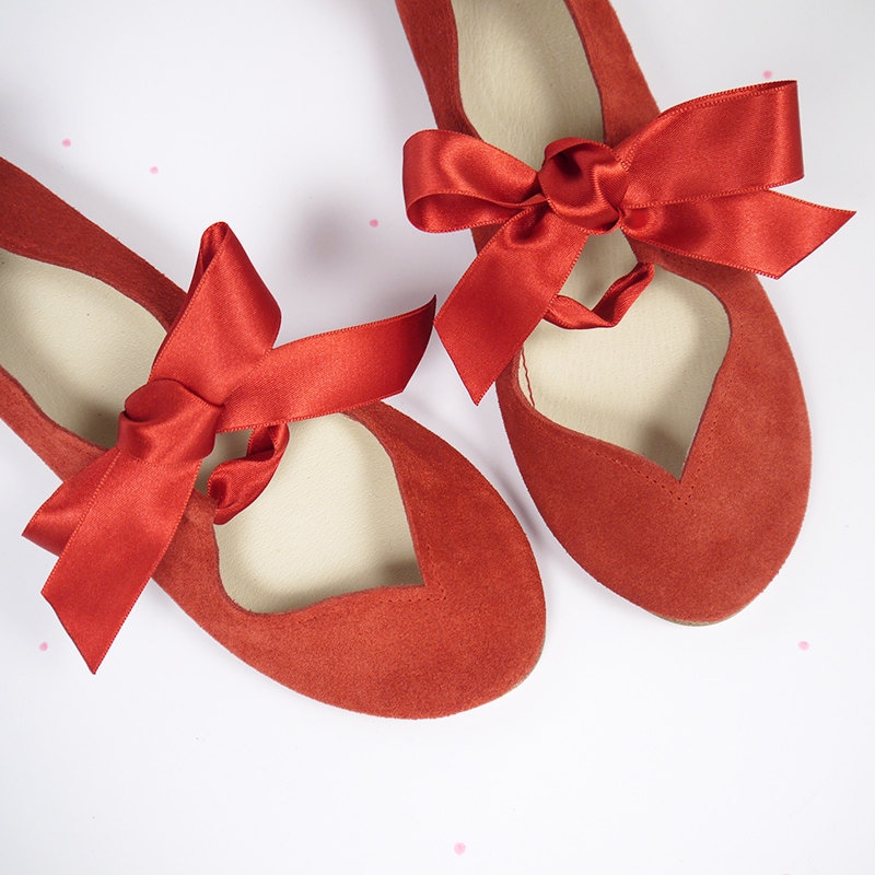 Red Ballet Shoes With Satin Ribbon, Mary Jane Low Heel Shoes ...
