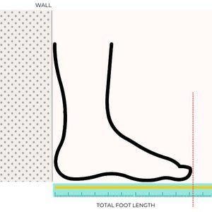 以下が含まれることがあります： 足のサイズを測る方法を示す図。青い床の上に黒い足の輪郭が置かれ、その下に黄色の定規があります。定規には「足の全長」と表示されています。赤い点線は足の頂上から床まで伸びており、測定ポイントを示しています。