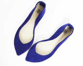 Pointy Toe Ballet Flats in Royal Blue Italian Leather, Brautschuhe, Elehandmade Ballerinas Shoes