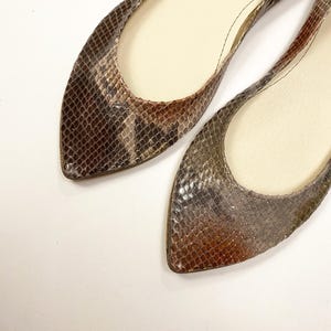 Peut inclure: Une paire de ballerines &agrave; bout pointu avec un motif peau de serpent dans les tons marron, gris et beige. L'int&eacute;rieur des chaussures est de couleur beige clair. Les chaussures sont pr&eacute;sent&eacute;es sur fond blanc.