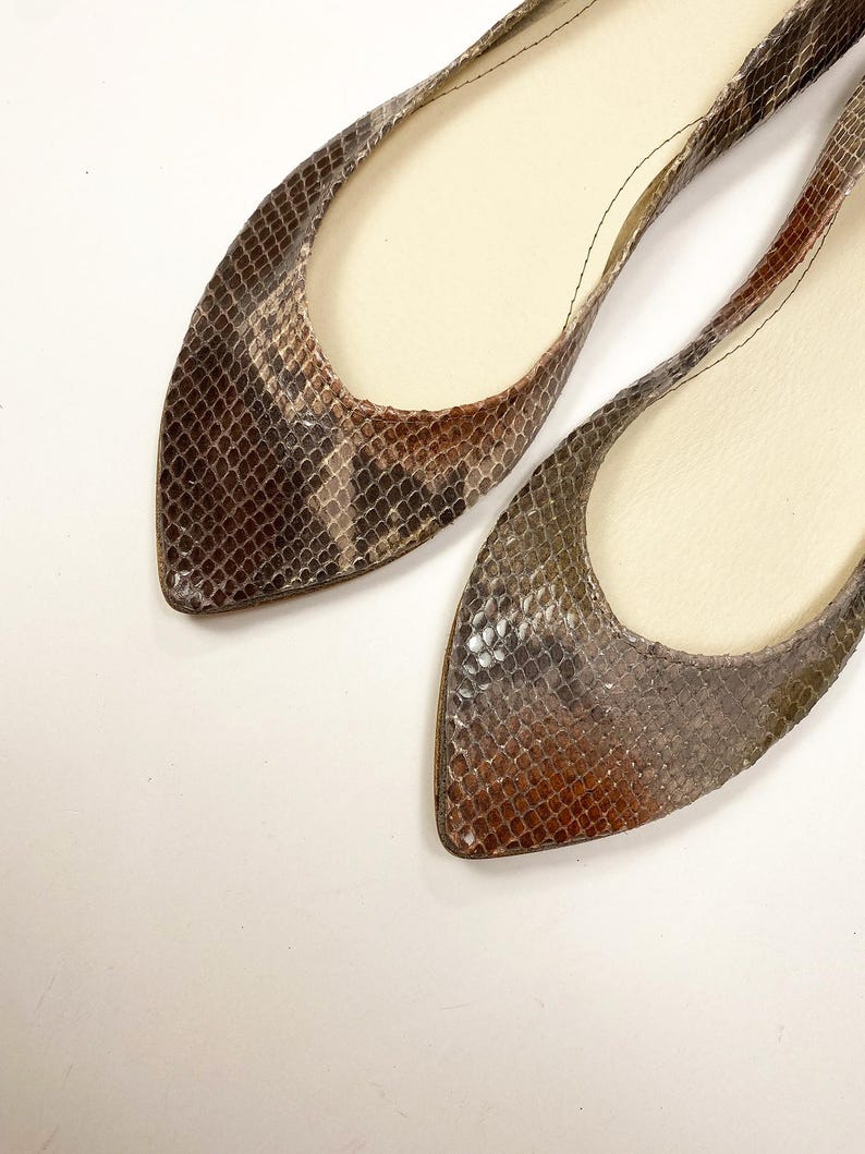 Peut inclure: Une paire de ballerines &agrave; bout pointu avec un motif peau de serpent dans les tons marron, gris et beige. L'int&eacute;rieur des chaussures est de couleur beige clair. Les chaussures sont pr&eacute;sent&eacute;es sur fond blanc.