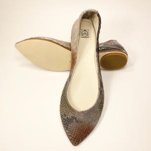 Peut inclure: Une paire de ballerines &agrave; bout pointu avec un motif peau de serpent dans les tons marron, gris et rouge. Les chaussures ont un petit talon et une semelle de couleur neutre. L'int&eacute;rieur de la chaussure est blanc.