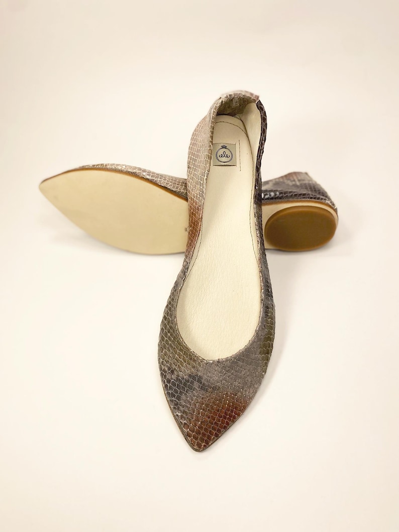 Peut inclure: Une paire de ballerines &agrave; bout pointu avec un motif peau de serpent dans les tons marron, gris et rouge. Les chaussures ont un petit talon et une semelle de couleur neutre. L'int&eacute;rieur de la chaussure est blanc.