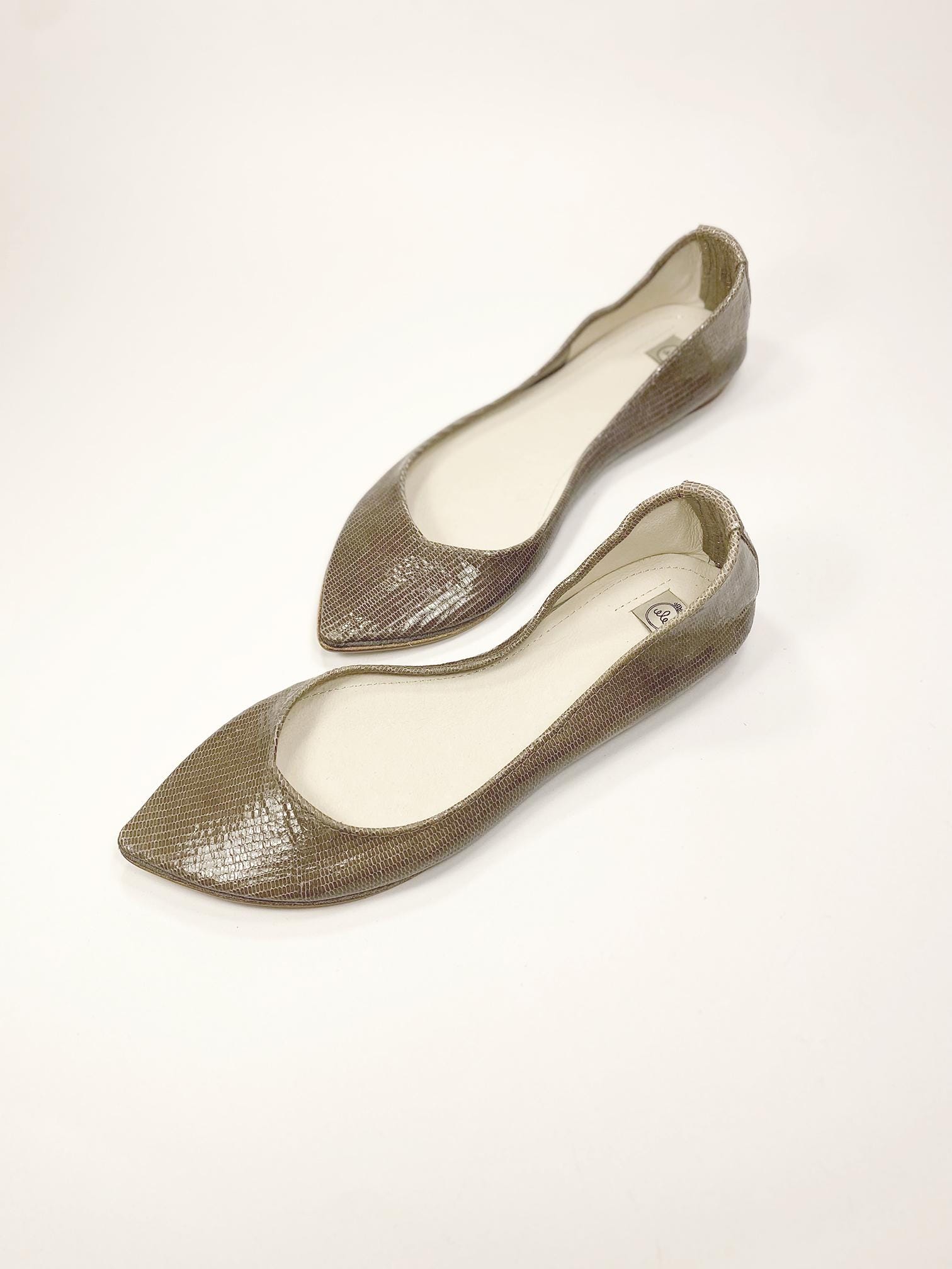 Metallic Accent Taupe Pointed Toe Flats Taupe Trifina Metallic
