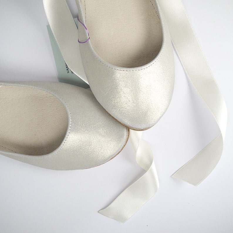 Wedding Shoes For Bride in White Gold Ivory Italian Leather, Ballet Flats with Ribbons, Elehandmade Shoes image 4