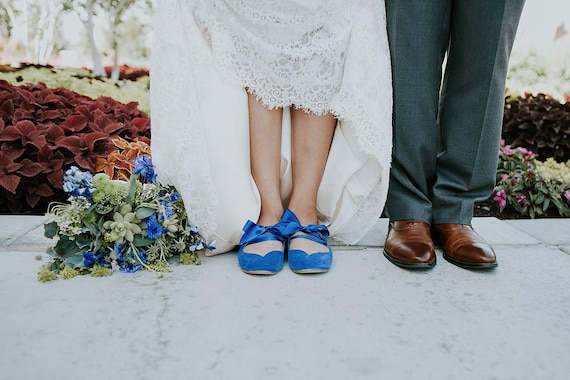 Ballet Flats With Satin Ribbon in Royal Blue Soft Italian Leather,  Something Blue Bridal Shoes, Elehandmade Ballerinas
