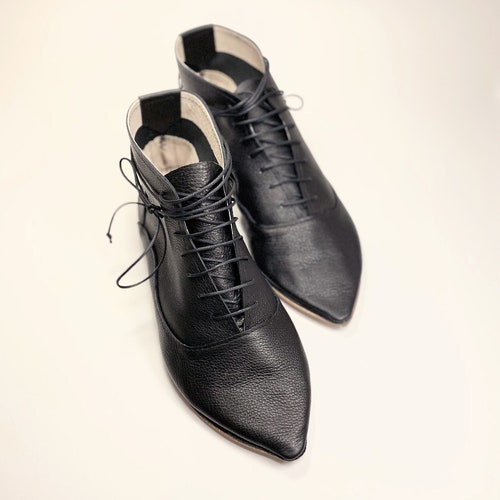 Womens Lace Up Ankle Boots in Black Italian Leather, Handmade Low Heel and Pointed Toe Booties, Elehandmade Shoes