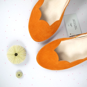 Zapatos planos de ballet en cuero suave italiano naranja mandarina, zapatos de novia festoneados, Elehandmade