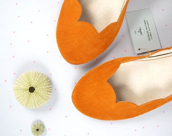 Ballet Flats Shoes in Tangerine Orange Italian Soft Leather, Scalloped Bridal Shoes, Elehandmade