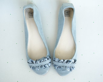 Ballet Flats Shoes With Satin Ribbon Ruffled Detail in Serenity Gray Blue, Something Blue Wedding, Bride Low Heel, Elehandmade Shoes