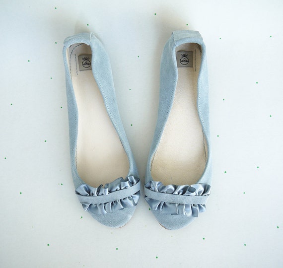 Ballet Flats Shoes With Satin Ribbon Ruffled Detail in Serenity Gray Blue Something Blue Wedding Bride Low Heel Elehandmade Shoes Etsy