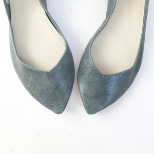 Blue Pointy Wedding Flats For Bride, Low Heel Elegant Shoes, Elehandmade