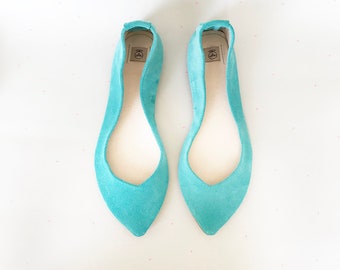 Robin Egg Pointed Toe Ballet Flats Shoes in Italian Soft Leather, Bridal Low Heel Elegant Shoes, Elehandmade