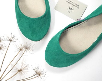Emerald Green Ballet Flats Shoes in Italian Leather, Elehandmade