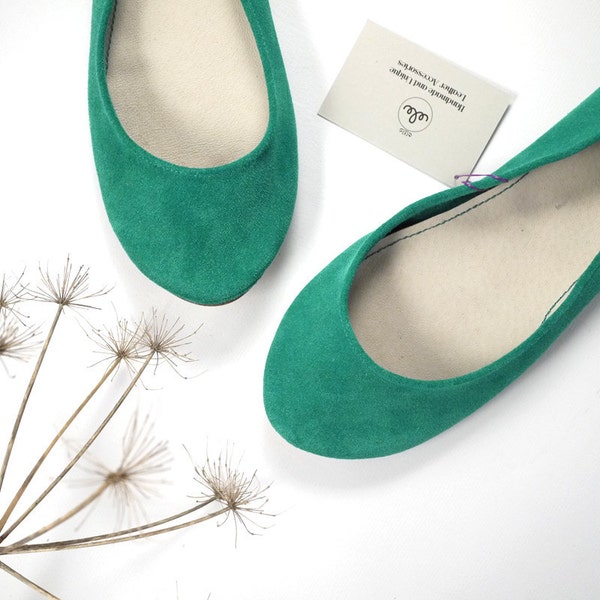 Emerald Green Ballet Flats Shoes in Italian Leather, Elehandmade