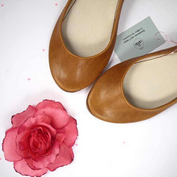 Handmade Ballet Flat Shoes in Tan Italian Soft Leather, elehandmade