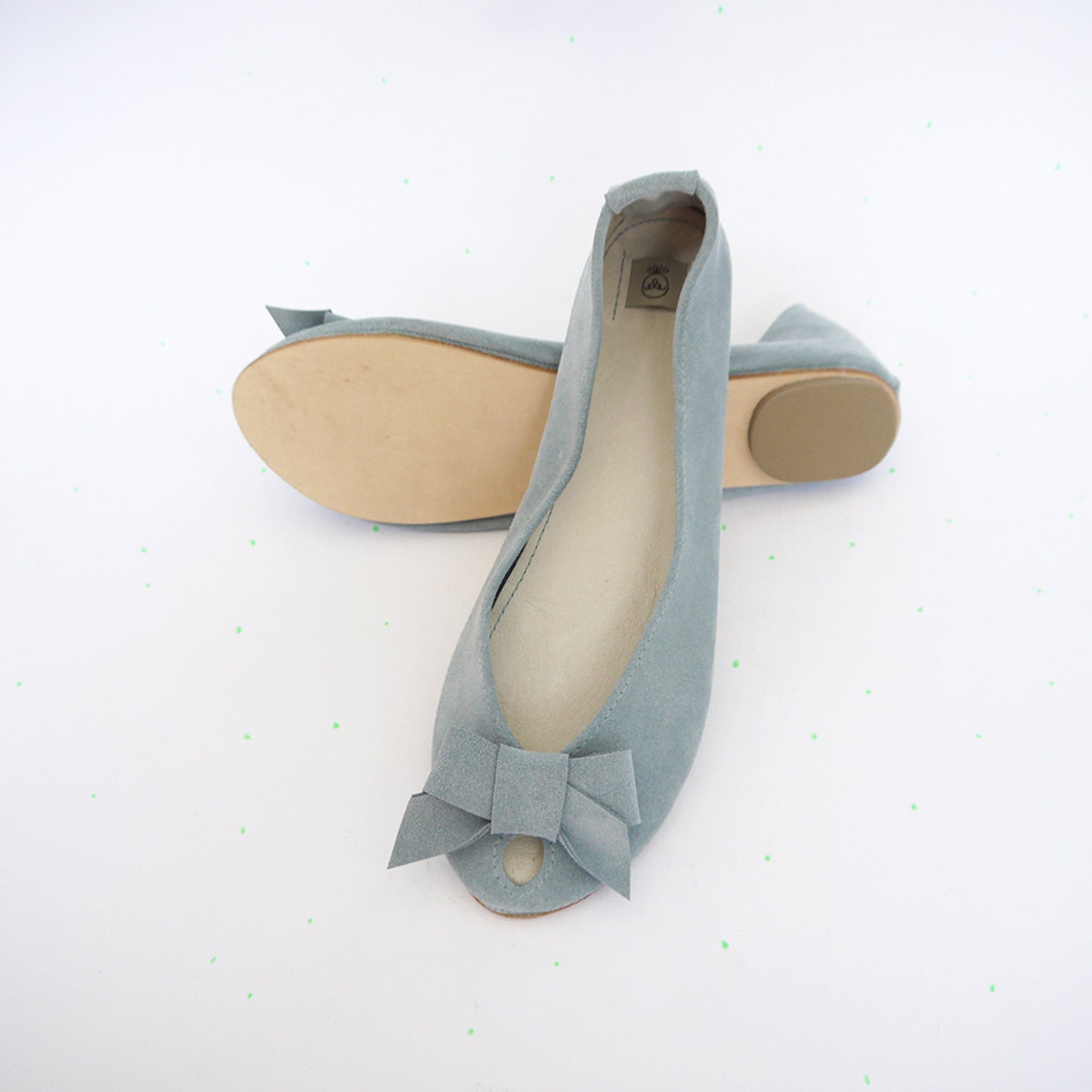 ballet flats shoes. women shoes. leather shoes. handmade peep toe. serenity blue shoes. italian leather. bridal shoes with bow.