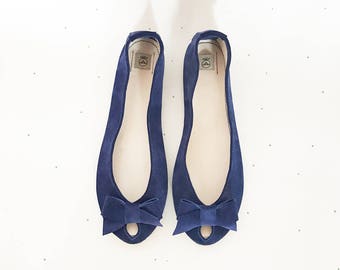 Navy Blue Ballerinas Shoes with Open Toe and Bow, Leather Ballet Flats, Elehandmade Shoes