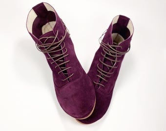 Women Ankle Laced Boots in Burgundy, Oxblood Italian Soft Leather, Lace up Booties, Elehandmade Shoes