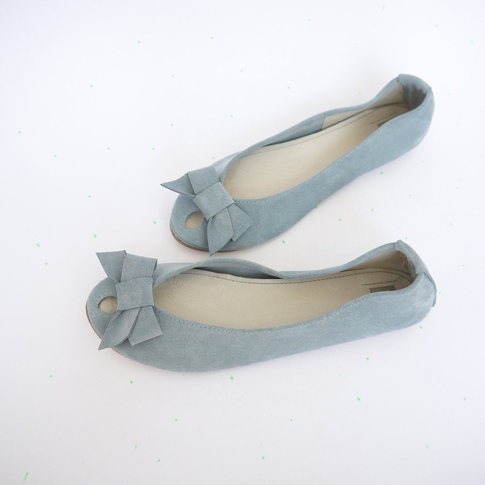 ballet flats shoes. women shoes. leather shoes. handmade peep toe. serenity blue shoes. italian leather. bridal shoes with bow.