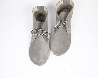 Desert Ankle Boots in Gray Grey Italian Leather | Handmade Laced Shoes | Elehandmade