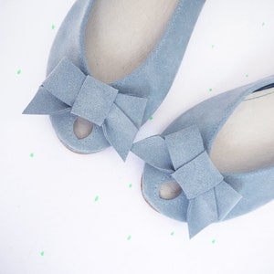 Bridal Shoes with Bow and Peep Toe, Open Toe Ballet Flats in Serenity Blue Italian Leathers, Elehandmade Shoes
