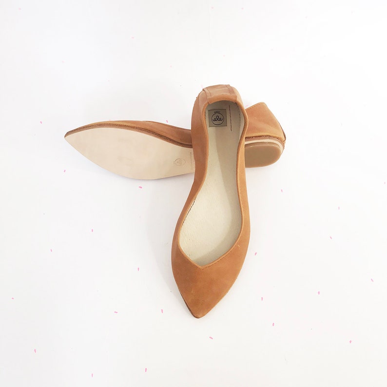 May include: A pair of brown leather ballet flats with pointed toes. The flats are laid out on a white surface.