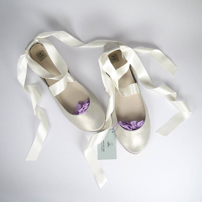 Wedding Shoes For Bride in White Gold Ivory Italian Leather, Ballet Flats with Ribbons, Elehandmade Shoes image 3
