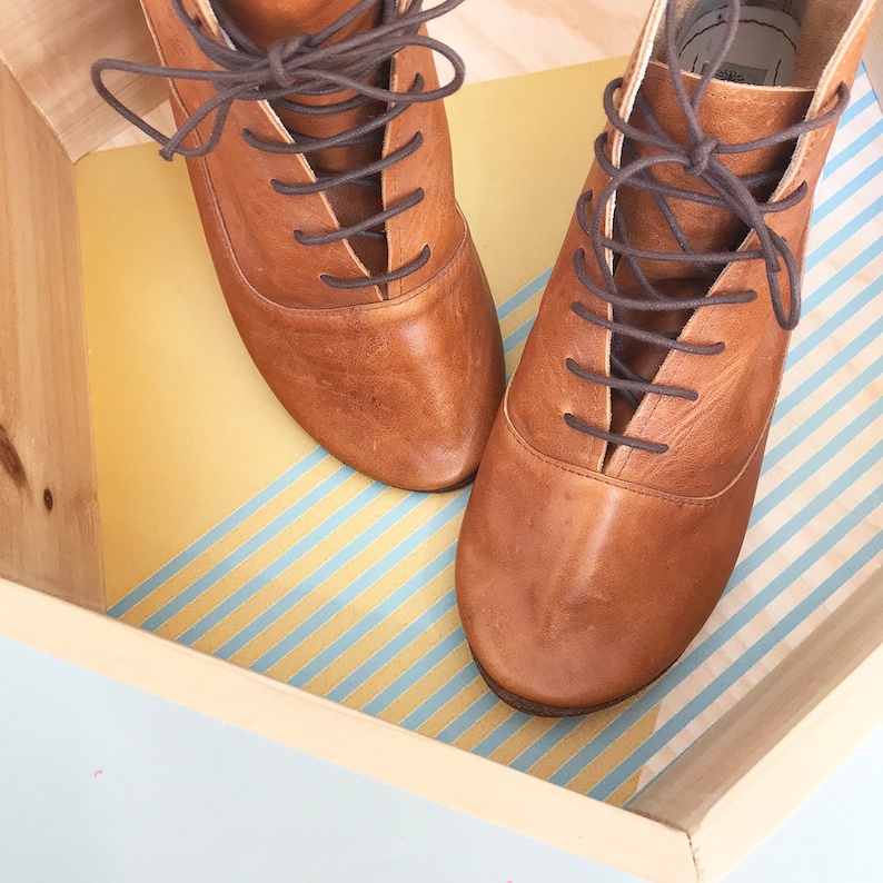 Botines de mujer en cuero suave italiano color canela, botines con cordones, zapatos hechos a mano imagen 5